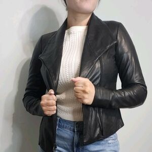 Vince Women’s Small Black Leather Jacket • Draped Funnel Collar Moto Zip